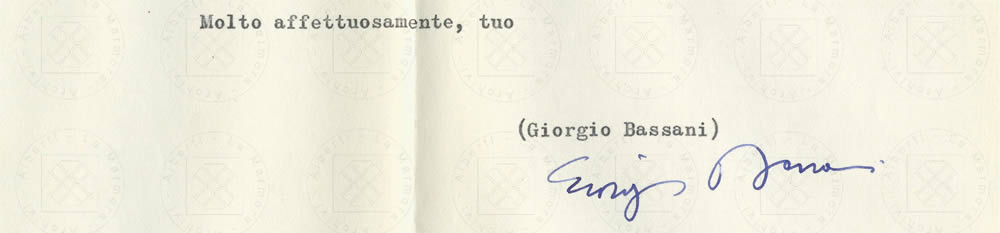 Su Abbozzo per un ritratto, da lettera di Giorgio Bassani, Roma, 23 marzo 1963, firma